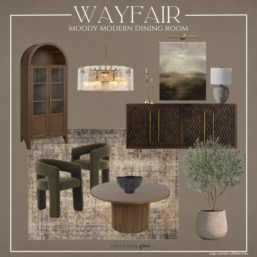 Modern organic moody dining room featuring Wayfair furniture with a dark wood dining table, neutral upholstered chairs, warm lighting, textured decor, and natural materials for a cozy and sophisticated dining space.