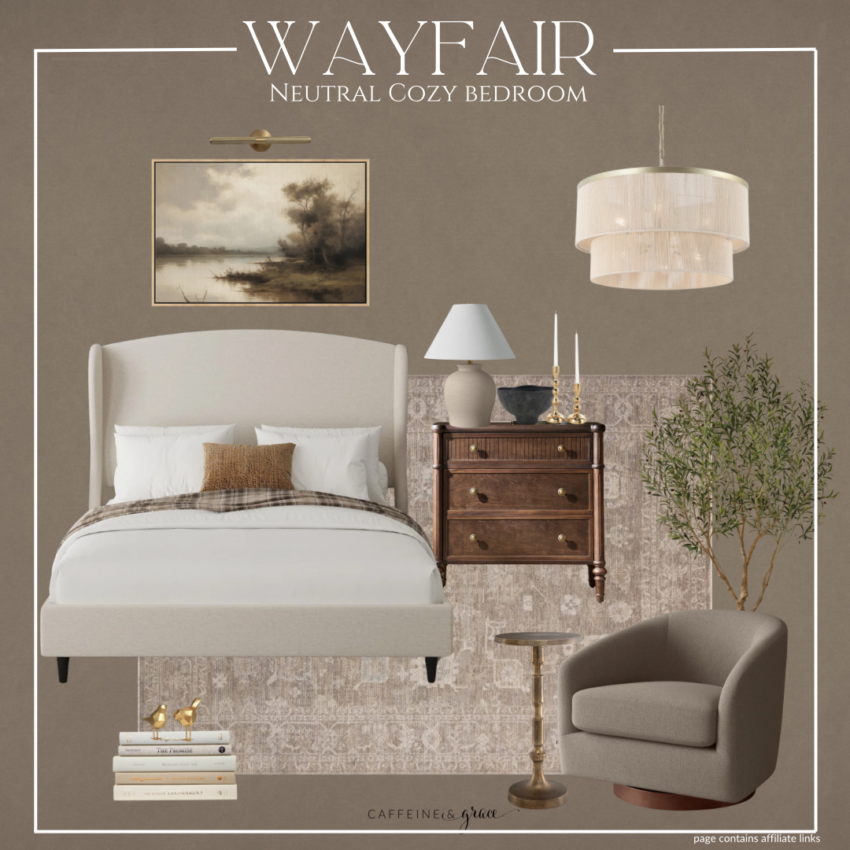 Modern organic bedroom decor from Wayfair featuring a neutral upholstered bed, wooden nightstands, textured bedding, warm lighting, and natural materials for a cozy minimalist bedroom.